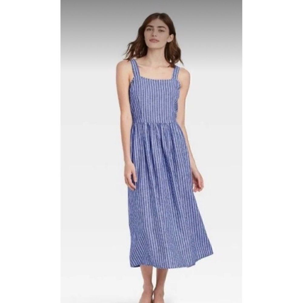 Who What Wear Blue White Striped Buckle Back Shift Dress Size XS